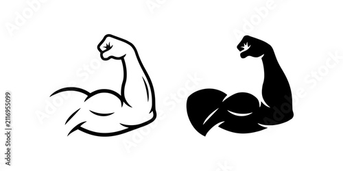 Strong arm biceps muscle line art and silhouette icon set