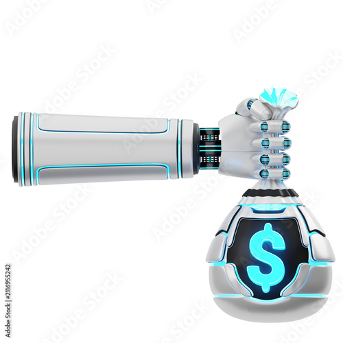 Robotic Hand Holding Futuristic Money Bag