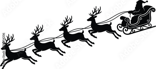 Bild auf Leinwand Christmas Santa Claus riding in flying sleigh pulled by galloping reindeer team