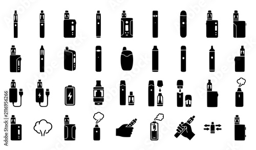 Vape and e cigarette icon vector set with vape pods smoke clouds and batteries