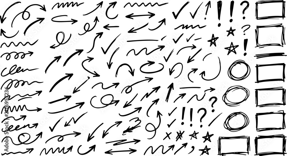 Obraz premium Large collection of hand-drawn doodle arrows and sketch elements for design with handdrawn collection direction scribble business infographic creative