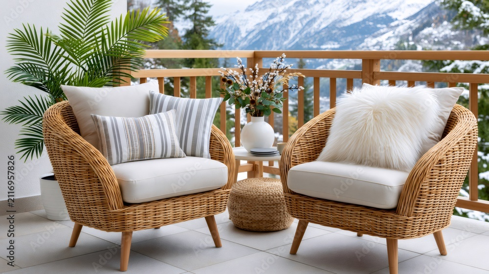 Fototapeta premium Cozy balcony furniture with snow covered mountain view