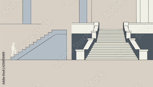 Comparison of different stair types, showing a compact interior staircase and a grand outdoor architectural staircase for urban planning.