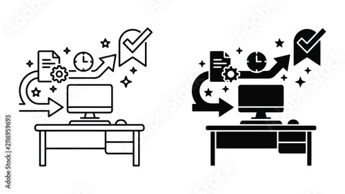 Office desk productivity and business success icon set with productivity