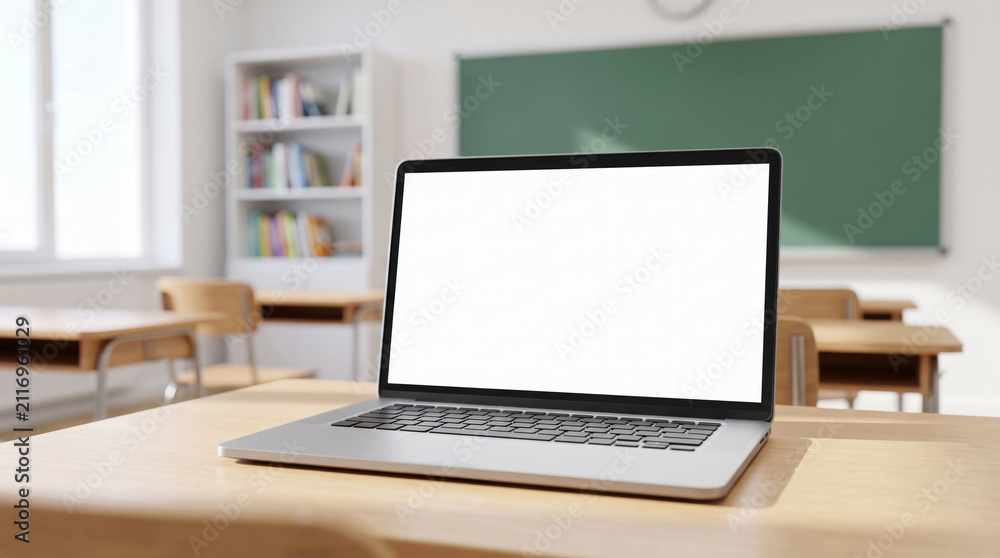 Fototapeta premium Classroom interior blur background laptop blank screen desk with chalkboard bookshelf modern study space. School education learning class room. empty furniture, white backdrop copy space