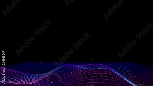 Abstract glowing digital grid wave moving across a dark background space