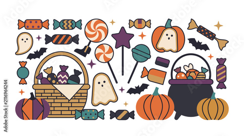 Whimsical Halloween collection featuring cute ghosts, candy, pumpkins, and bats for festive celebrations