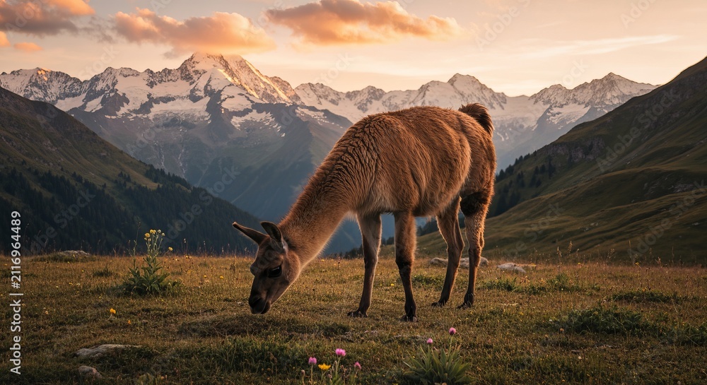 Obraz premium Llama grazing on an alpine meadow with snow-capped mountains, golden hour, soft light
