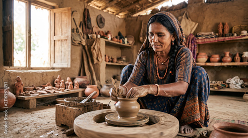 Skilled South Asian woman shaping clay on a pottery wheel in a rustic workshop