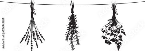 A continuous line drawing of three bundles of dried herbs hanging from a wooden beam near a rustic house.