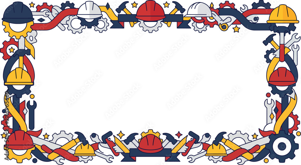 Obraz premium A vibrant vector border featuring various construction tools and hard hats in red, blue, yellow, and grey, arranged around a white rectangular space.
