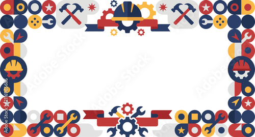 Decorative frame with industrial and labor-themed elements like hard hats, hammers, wrenches, and gears in red, blue, and yellow colors, on a white background.