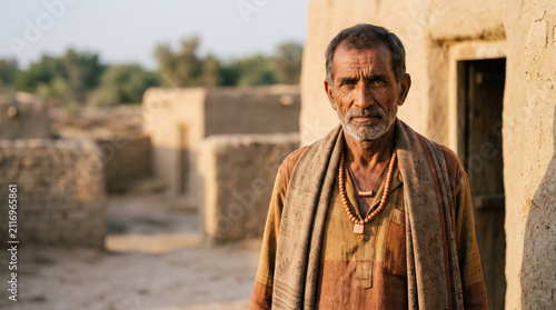 Elderly South Asian man with traditional attire and beads in a village setting