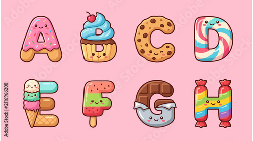 Alphabet of delicious desserts shaped as cute pastry letters A through H with colorful candy textures for children's educational branding projects