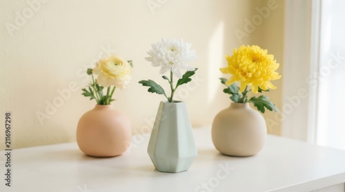 Three decorative vases with fresh flowers on a white surface