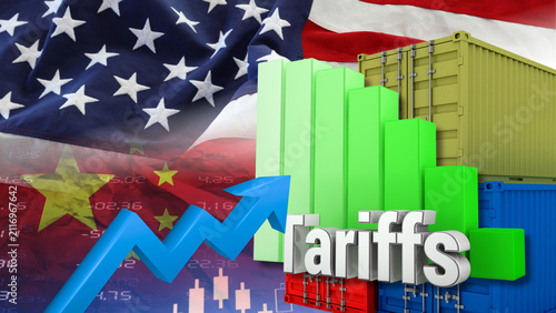 Canvastavla American and Chinese flags, shipping containers, and financial charts illustrate American and Chinese tariffs, trade policy, economic relations, and increased tax sanctions