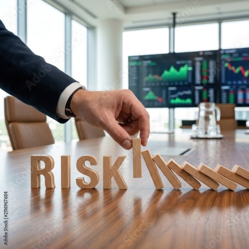 Business executive stopping domino effect of risk in modern office.
