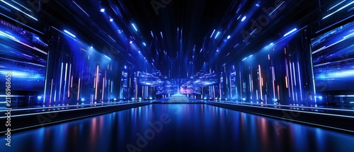 Futuristic Neon Stage Design with Vibrant Blue Lighting and Motion Effects for Multimedia Presentations