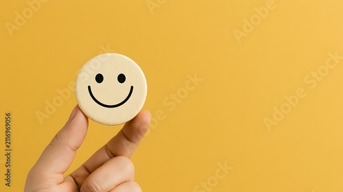 Hand holding a wooden smiley face on a yellow background. Represents customer satisfaction and positive feedback.