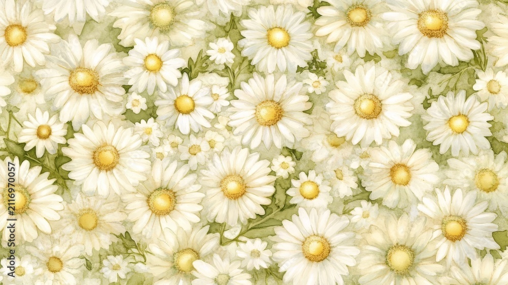Fototapeta premium Beautiful watercolor daisy flowers background floral wallpaper pattern design high resolution stock imagery.