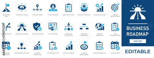 Business Roadmap and Strategic Planning Vector Icon Set, Project Timeline, Growth Strategy, Product Milestone, Corporate Goal Symbols