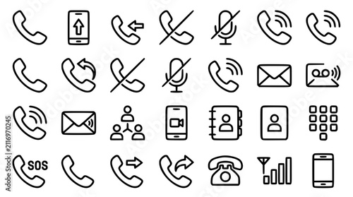 Fotografie Telephone Communication and Mobile Calling Line Icon Set Featuring Smartphone Di