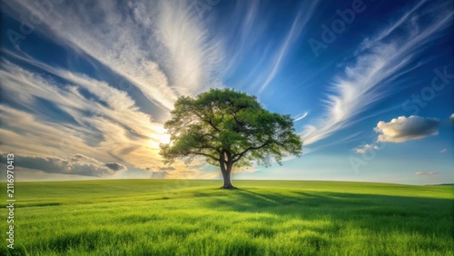 Serene landscape featuring a solitary tree standing proudly in a vibrant green field under a breathtaking sunset sky, adorned with wispy clouds