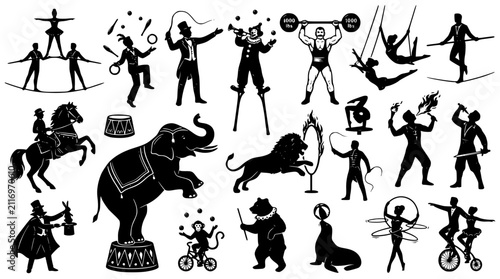 Photography Traditional Carnival Circus Silhouette Icon Set Featuring Acrobats Juggler Ringm