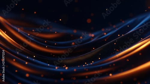 Dynamic Digital Waves of Glowing Orange and Blue Light with Sparkling Bokeh Particles Background