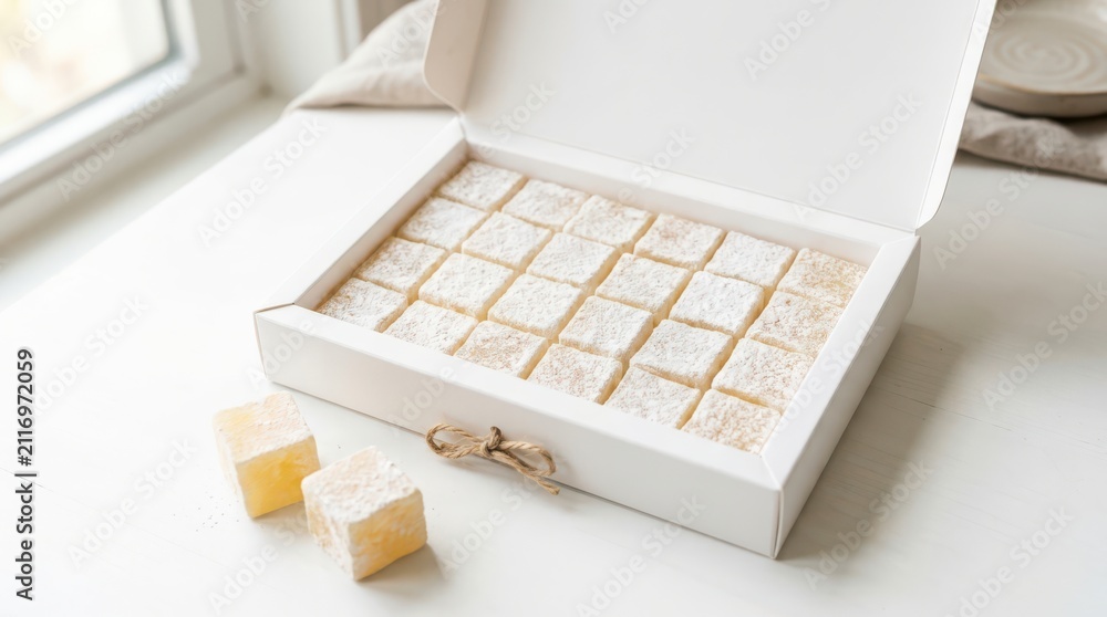 Fototapeta premium Box of turkish delight cubes with powdered sugar on a white surface