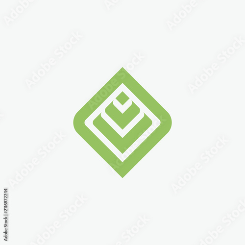 This logo features a rhombus-shaped geometric design composed of several symmetrical green lines.