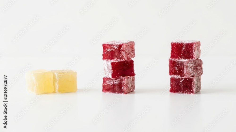 Fototapeta premium Two yellow and two stacks of three red turkish delight cubes isolated on white background