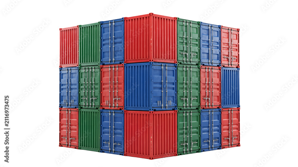 Fototapeta premium Stack of colorful shipping containers isolated on transparent background