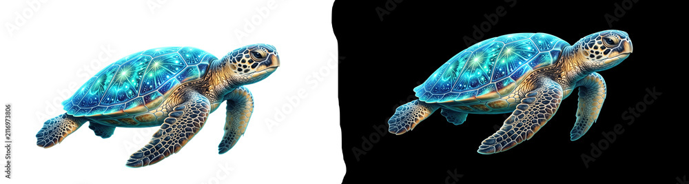 Fototapeta premium Sea turtle with a glowing cosmic shell pattern swimming gracefully isolated on transparent background