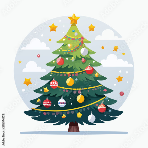 Decorated Christmas Tree with Colorful Ornaments and Stars.