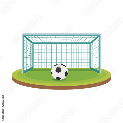 Soccer ball in front of goal on field.