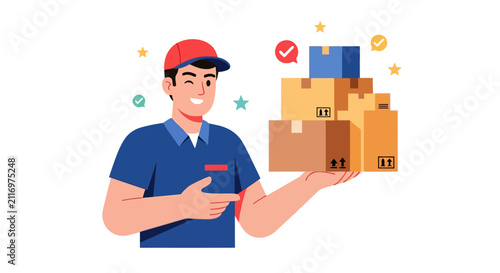 A smiling delivery man in uniform holding a stack of cardboard packages, representing efficient shipping and logistics services.