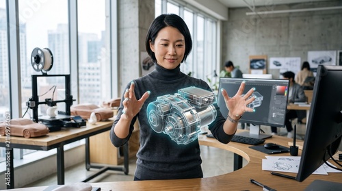 Asian female industrial designer interacting with a holographic engine model in a modern office using advanced AR technology for automotive engineering
