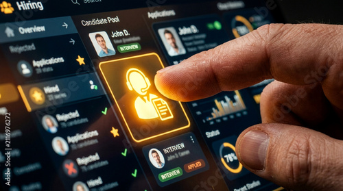 Recruiter reviewing job applications on tablet. HR manager selecting candidate profile.