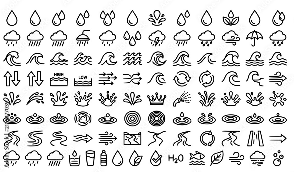 Fototapeta premium Professional Water Droplet Rain and Wave Line Icon Set with 80 Minimal Editable Outline Symbols