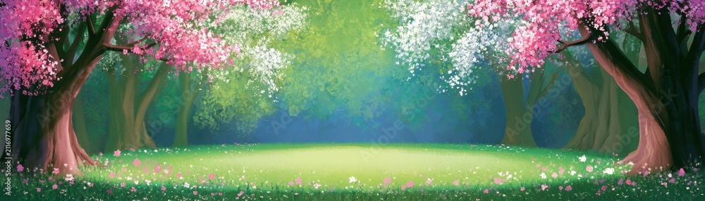 Fototapeta premium Blooming cherry trees and white blossoms in a lush green spring forest landscape