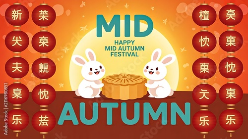 Happy mid autumn festival banner with rabbits lanterns and traditional celebration illustration