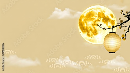 Glowing full moon with hanging lantern and tree branch on peaceful autumn sky illustration