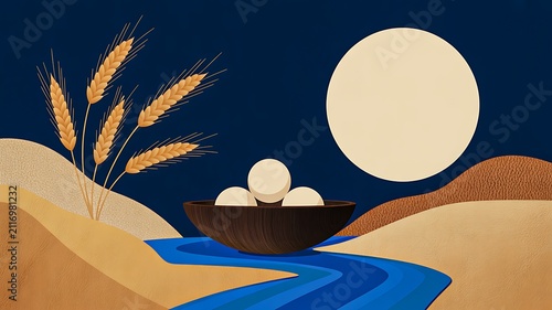 Minimal mid autumn festival landscape with full moon river wheat and traditional rice dumplings illustration