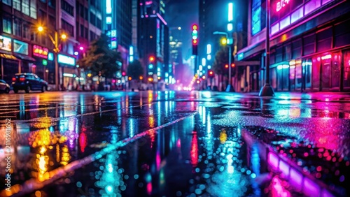 A kaleidoscope of neon lights dance across the wet city street at night casting a mesmerizing glow on the darkened pavement