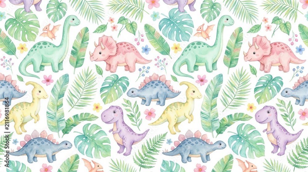 Obraz premium Cute dinosaur pattern with tropical leaves. Watercolor jungle print for kids nursery decor.