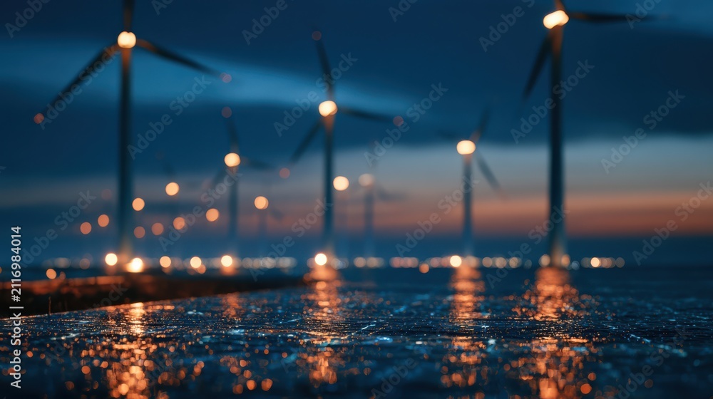 Obraz premium Wind turbines generate clean energy at dusk over a reflective water surface, emphasizing sustainable power and environmental conservation.