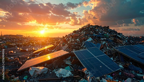 Heap of old solar panels on landfill with a sunset in the background. Environmental degradation and pollution