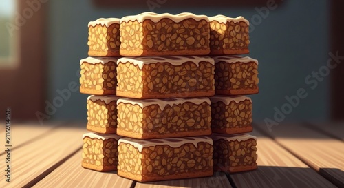 Stack of Deliciously Frosted Brownies on a Wooden Table.