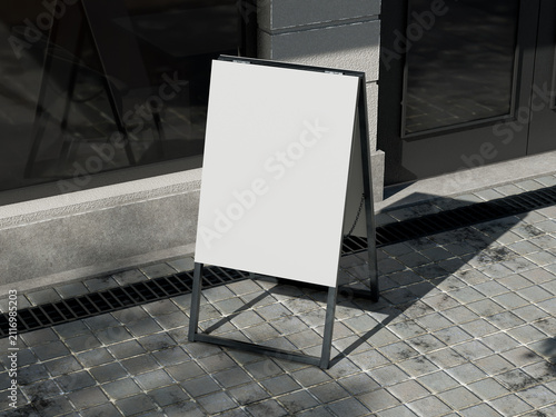 Blank white A frame stand sign mockup on urban sidewalk